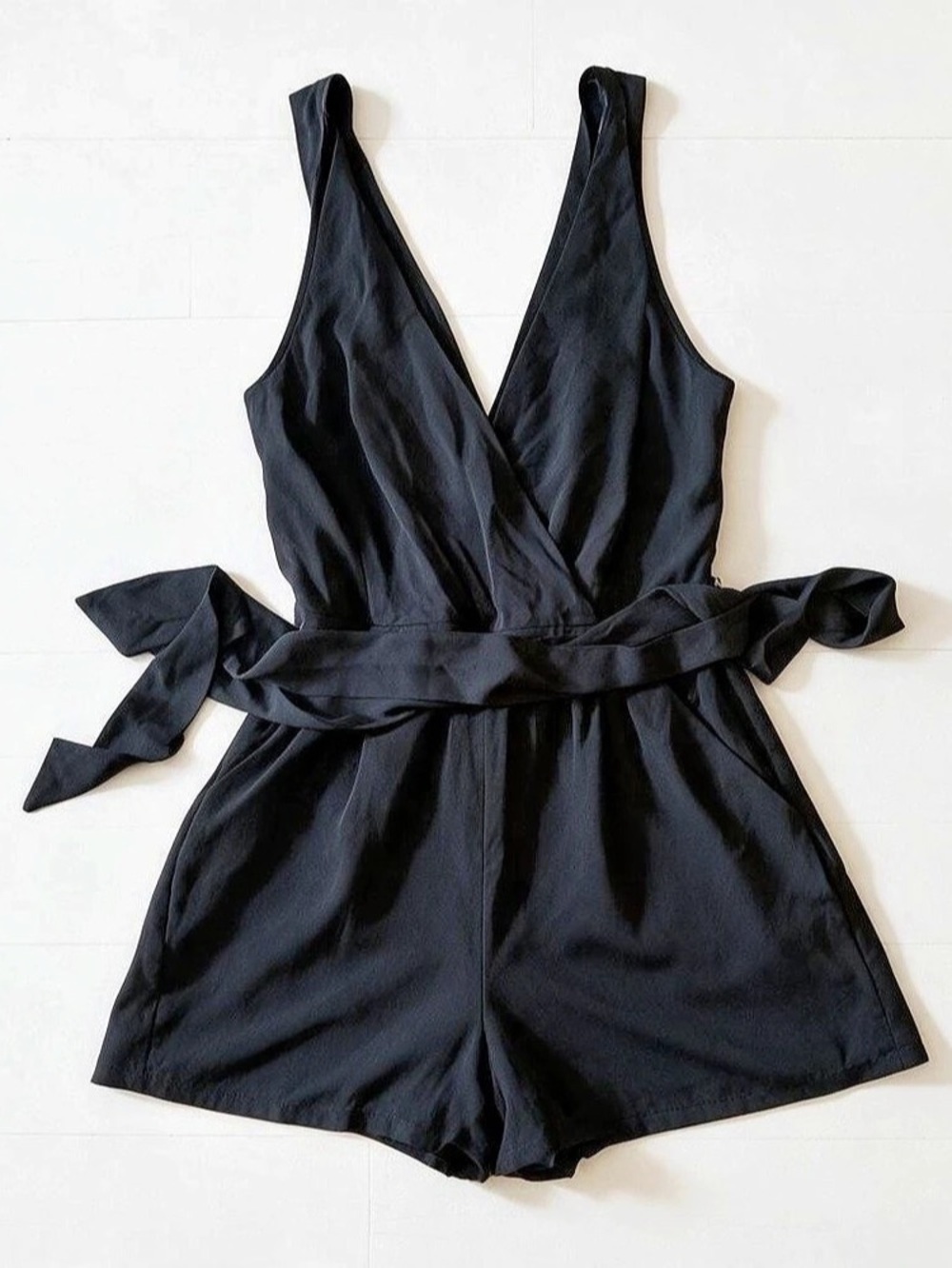 Express Black Sleeveless Wrap Romper with Tie Waist
